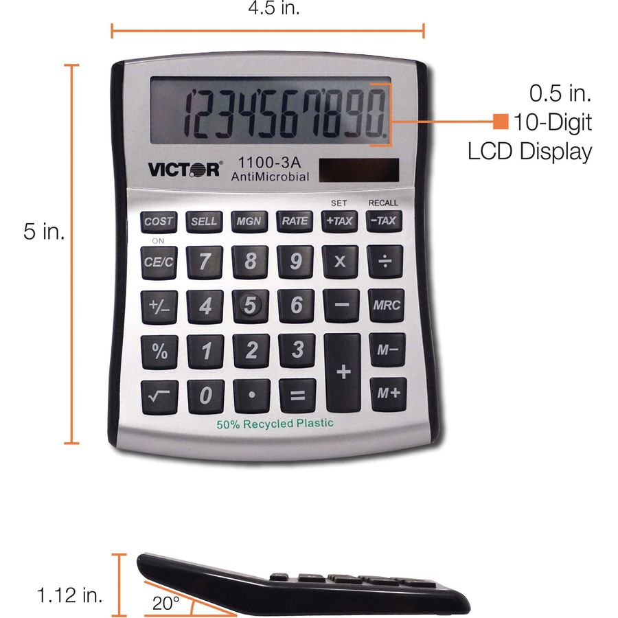 Victor 11003A Mini Desktop Calculator - Large Display, Angled Display, Dual Power, Independent Memory, Environmentally Friendly, Battery Backup - Battery/Solar Powered - Battery Included - 1.1" x 4.5" x 5" x 5" - Black, Silver - Plastic - 1 Each