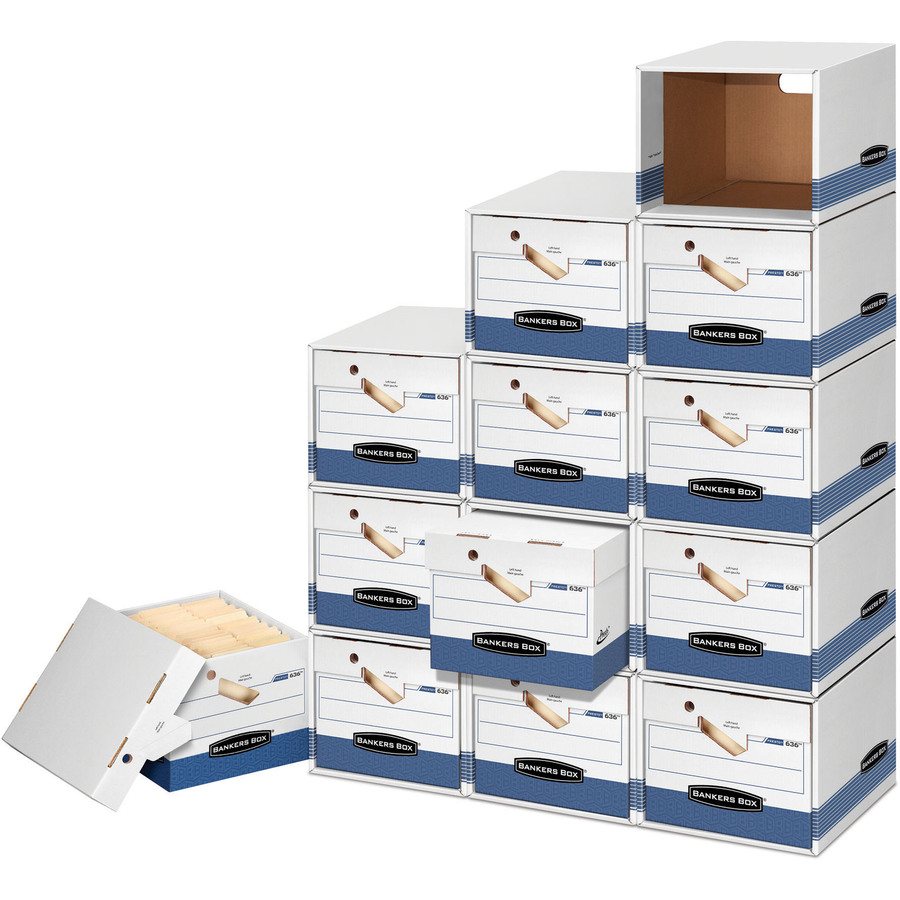 Presto Storage Box offers quick setup. Simply push the corners together, and the box is ready for use to store letter-size or legal-size files. Heavy-duty, Bankers Box is strong, dependable, portable and stackable with a double-bottom, double-end, double-side construction. Ideal for frequent access. Stacking weight is 850 lb. Ergonomic handles are engineered for maximum comfort and reduced wrist strain. Design also includes a deep locking, liftoff lid. Storage box is made of a high percentage of recycled material. More from the Manufacturer 