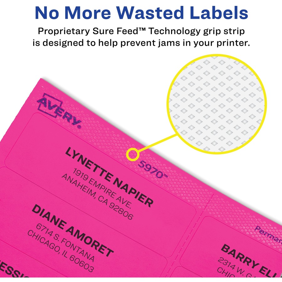 Avery® Neon Address Labels with Sure Feed(TM) for Laser Printers, 1" x 2 5/8" , 750 Pink Labels (5970) - 1" Height x 2 5/8" Width - Permanent Adhesive - Rectangle - Laser - Neon Pink - Paper - 30 / Sheet - 25 Total Sheets - 750 Total Label(s) - 750 /  = AVE05970