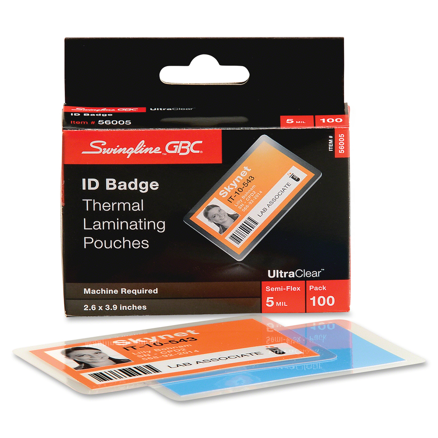 GBC Ultra Clear ID Badge Thermal Laminating Pouches - Sheet Size Supported: Government - Laminating Pouch/Sheet Size: 2.63" Width x 3.88" Length x 5 mil Thickness - Glossy - for Document, Photo, ID Card - Flexible, Wear Resistant, Tear Resistant - Clear - - Laminating Supplies - GBC56005
