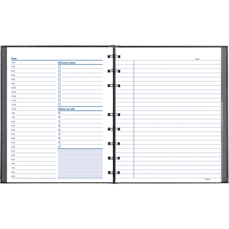 Blueline NotePro and Graphics Notebooks - Daily - 7:00 AM to 8:30 PM - Half-hourly - 1 Day Double Page Layout - 7 7/16" x 9 1/2" Sheet Size - Twin Wire - Paper - Black - Task List, Address Directory, Phone Directory, Pocket, Label, Acid-free - 1 Each - Memo / Subject Notebooks - BLIA29C81