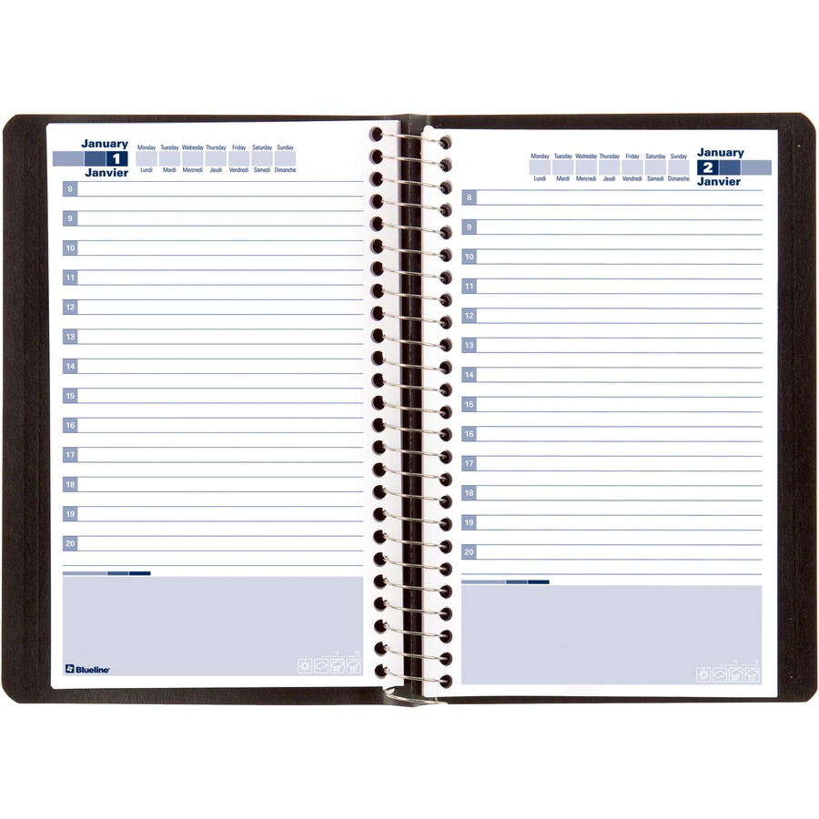 Blueline Undated Daily Planners - Daily - 1 Year - January till December - 8:00 AM to 9:00 PM - Hourly - 5" x 8" Sheet Size - Spiral Bound - Black - Bilingual, Phone Directory, Address Directory, Notes Area - 1 Each - Appointment Books & Planners - BLIA623681BT