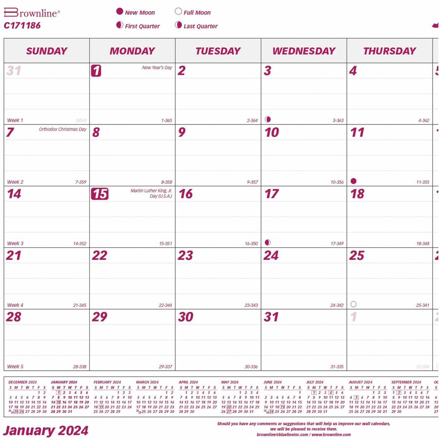 Brownline Wall Calendar - Julian Dates - Monthly - 1 Year - January 2024 - December 2024 - Wall Calendars - BLIC171186