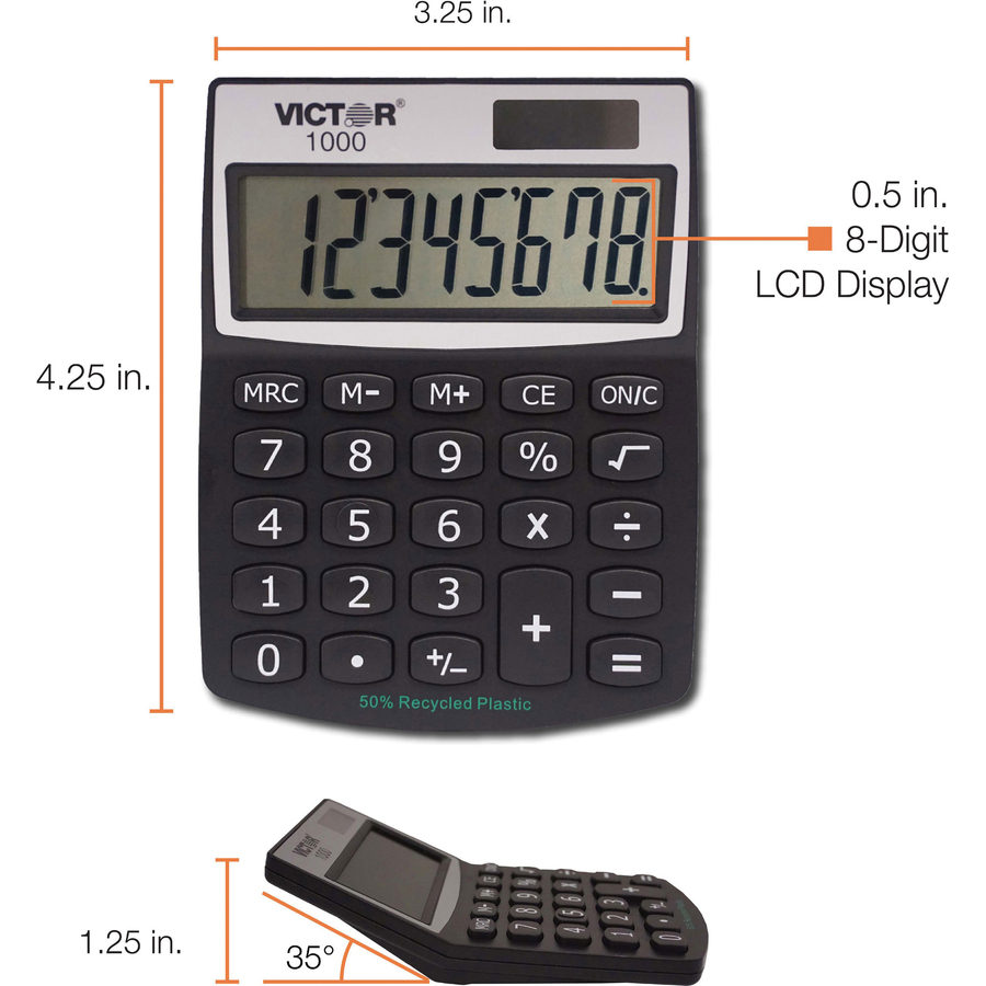 Victor 1000 Mini Desktop Calculator - Large LCD, Battery Backup, Independent Memory, Plastic Key, Dual Power - 0.71" (18 mm) - 8 Digits - LCD - Battery/Solar Powered - 0.5" x 3.3" x 4.3" - Black - Plastic - 1 Each = VCT1000