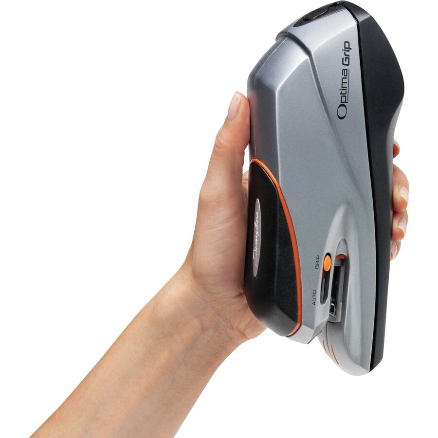 Swingline Optima Grip Electric Stapler - 20 Sheets Capacity - 105 Staple Capacity - Half Strip - 1/4" Staple Size - 4 x AA Batteries - Battery Included - Silver, Black - Electric/Battery Operated Staplers - SWI48207