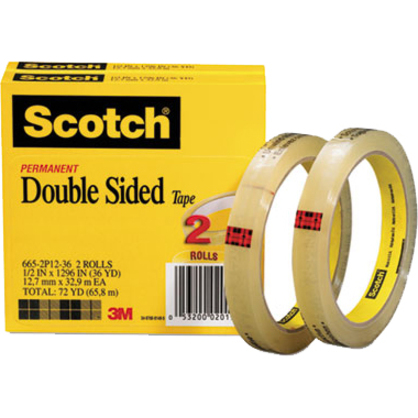 Scotch Permanent Double-Sided Tape - 1/2"W - 36 yd Length x 0.50" Width - 3" Core - Long Lasting - For Attaching, Mounting - 2 / Pack - Clear