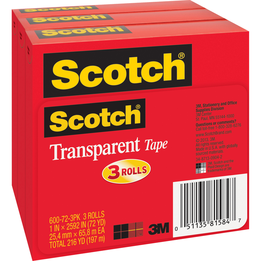 Scotch Transparent Tap - 72 yd Length x 1" Width - 3" Core - Long Lasting, Moisture Resistant, Stain Resistant - For Sealing, Label Protection, Wrapping, Mending - 3 / Pack - Clear