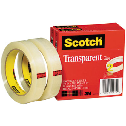 Scotch Transparent Tape - 3/4"W - 72 yd Length x 0.75" Width - 3" Core - Long Lasting - For Sealing, Label Protection, Wrapping, Mending - 2 / Pack - Clear