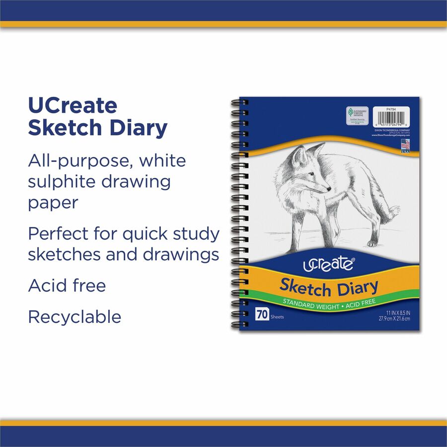 UCreate Art1st Sketch Diary - Letter - 70 Sheets - Plain - Spiral - Letter - 8 1/2" x 11" - White Paper - Acid-free - Recycled - 1 / Pad