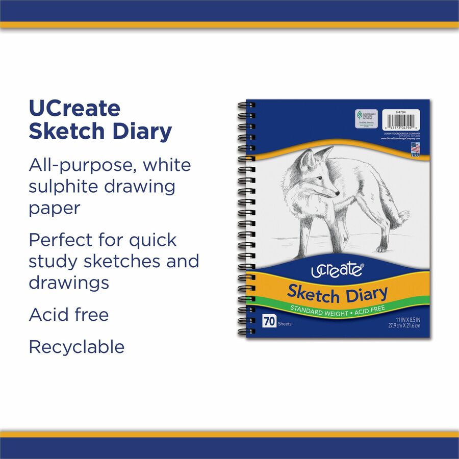 UCreate Art1st Sketch Diary - 70 Sheets - Plain - Spiral - 9" x 6" - White Paper - Acid-free - Recycled - 1 / Pad