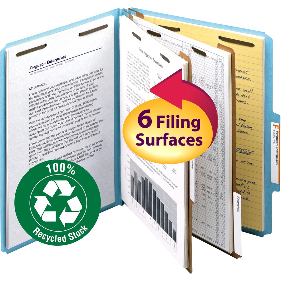 Smead 2/5 Tab Cut Letter Recycled Classification Folder - 8 1/2" x 11" - 2" Expansion - 2 x 2K Fastener(s) - 1" Fastener Capacity, 2" Fastener Capacity - Top Tab Location - Right of Center Tab Position - 2 Divider(s) - Pressboard - Blue - 100% Recycled, - Pressboard Classification Folders - SMD14021