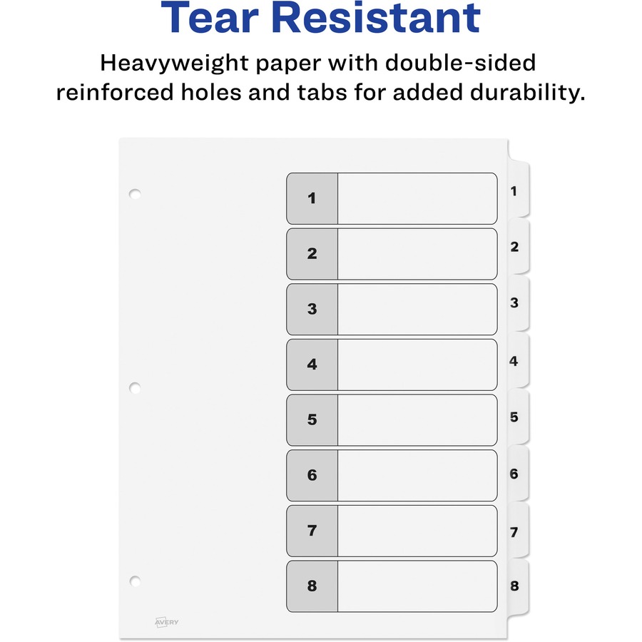 Avery® Ready Index Classic Tab Binder Dividers - 8 x Divider(s) - 1-8, Table of Contents - 8 Tab(s)/Set - 8.50" Divider Width x 11" Divider Length - 3 Hole Punched - White Paper Divider - White Paper Tab(s) - Index Dividers - AVE11132