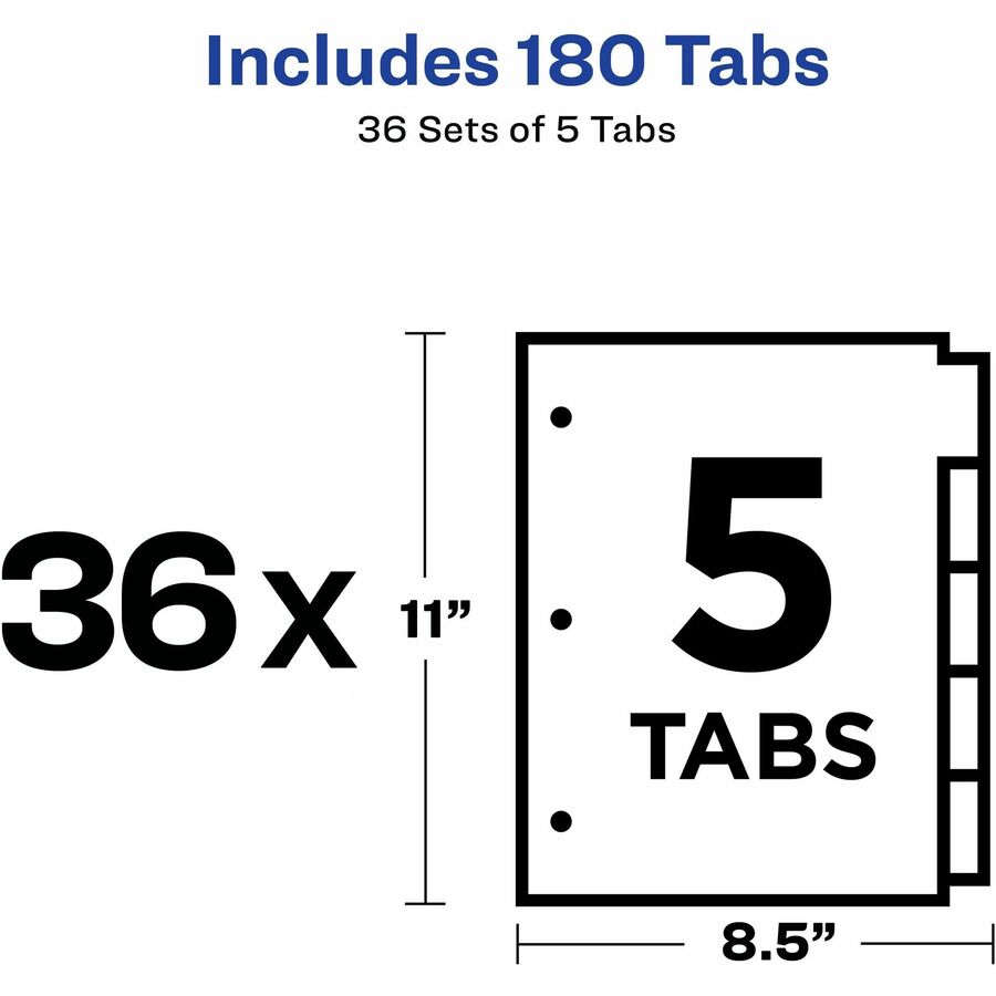 Avery® Write-On Dividers, 5-Tab, Multicolor, 36 Sets (11508) - 180 x Divider(s) - Write-on Tab(s) - 5 - 5 Tab(s)/Set - 8.5" Divider Width x 11" Divider Length - 3 Hole Punched - Multicolor Paper Divider - Multicolor Paper Tab(s) - Recycled - 36 / Box