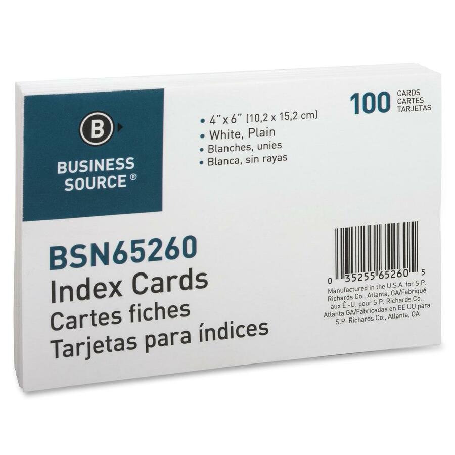 Business Source Plain Index Cards - 6" Width x 4" Length - 100 / Pack