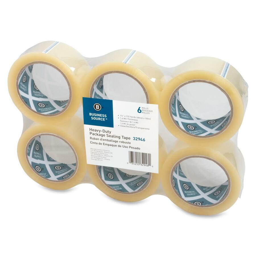 Business Source Heavy-duty Packaging/Sealing Tape - 110 yd Length x 1.88" Width - 3" Core - 1.60 mil - Breakage Resistance - For Bonding, Packing - 6 / Pack - Clear