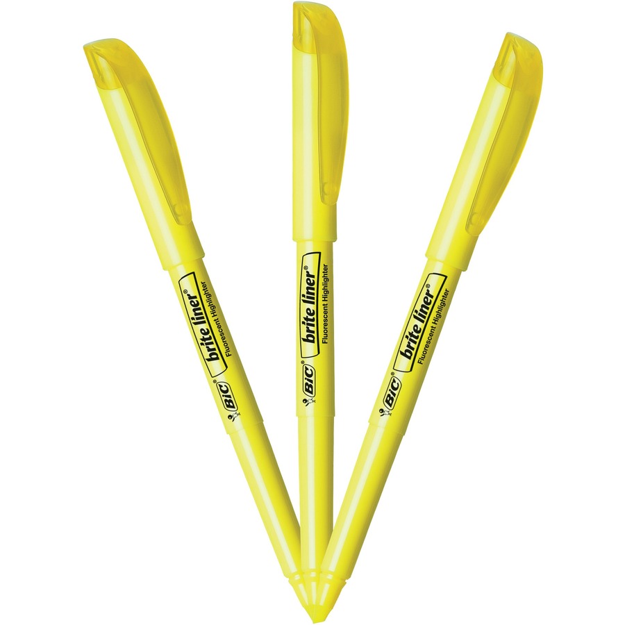 BIC Brite Liner Highlighters - Chisel Marker Point Style - Fluorescent Yellow Water Based Ink - 12 / Dozen - Pen-Style Highlighters - BICBL11YEL