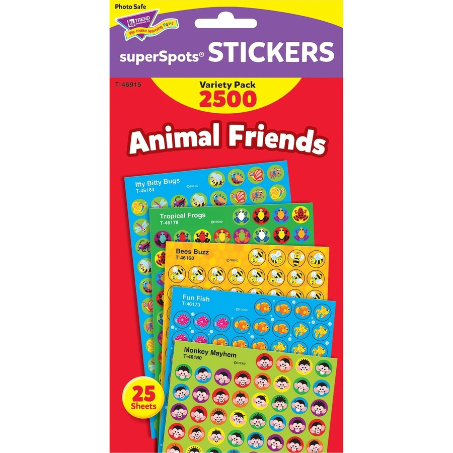 Trend Animal Friends superSpots Stickers Variety Pack - Accomplishment Theme/Subject - Acid-free, Non-toxic, Photo-safe - 0.44" (11.1 mm) Length - 2500 / Pack - Stickers - TEPT46915