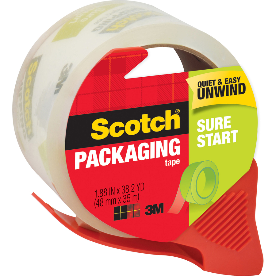 Scotch Sure Start Packaging Tape - 38.20 yd Length x 1.88" Width - 2.6 mil Thickness - 3" Core - Synthetic Rubber Backing - Dispenser Included - Handheld Dispenser - Breakage Resistance - For Mailing, Moving, Packing, Sealing - 1 / Roll - Clear