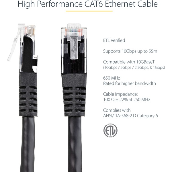 StarTech 2 ft Black Molded Cat6 UTP Patch Cable (C6PATCH2BK)