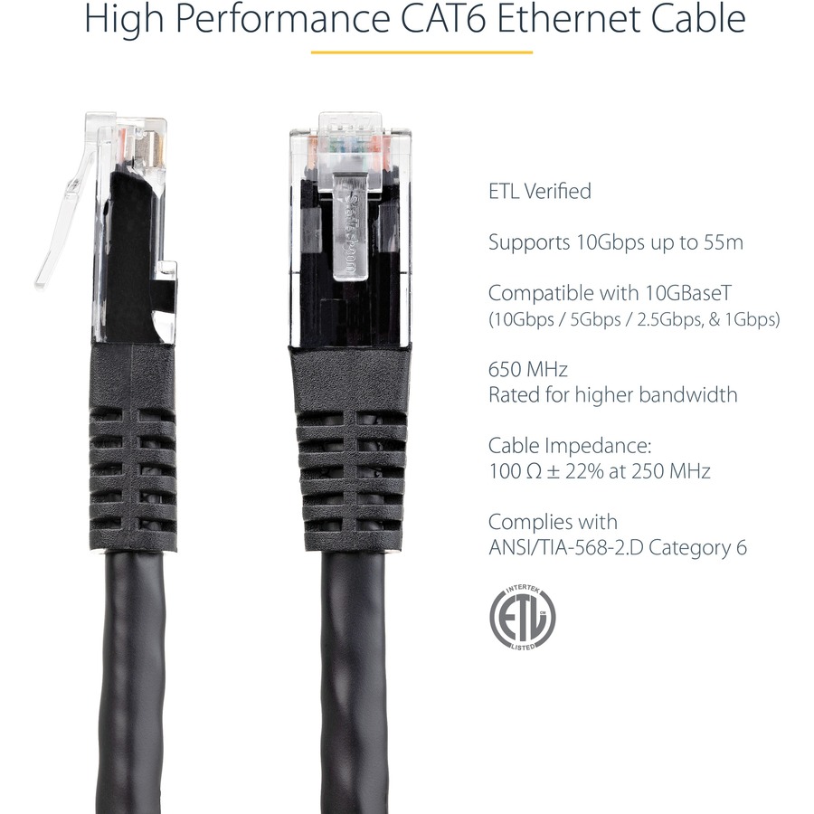 StarTech 7ft CAT6 Ethernet Cable - Black Molded Gigabit - 100W PoE UTP 250Mhz - Category 6 Patch Cord UL Certified Wiring/TIA