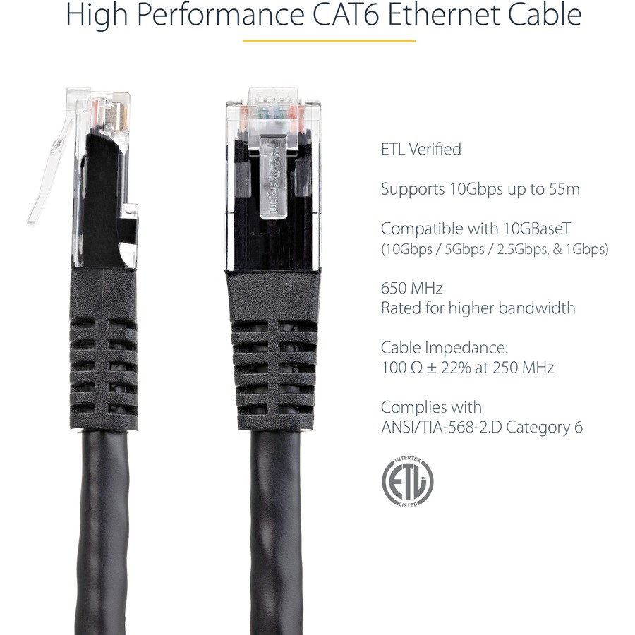 StarTech.com 50ft CAT6 Ethernet Cable - Black Molded Gigabit - 100W PoE UTP 650MHz - Category 6 Patch Cord UL Certified Wiring/TIA
