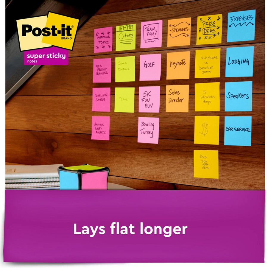 Post-it® Super Sticky Full Adhesive Notes - Energy Boost Color Collection - 360 - 3" x 3" - Square - 30 Sheets per Pad - Unruled - Neon Green, Fireball Fuchsia, Neon Orange, Yellow, Electric Blue, Neon Pink - Paper - Removable - 12 / Pack