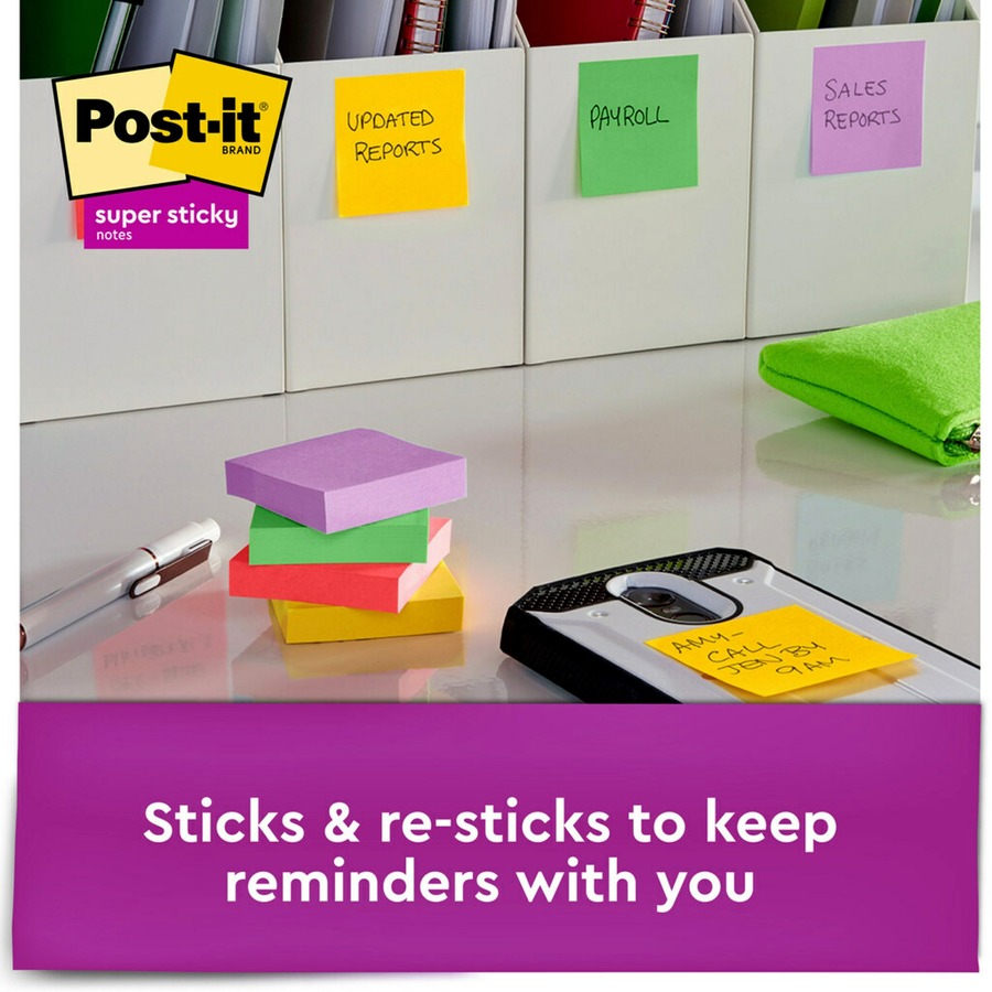 Post-it® Super Sticky Notes - Playful Primaries Color Collection - 720 - 2" x 2" - Square - 90 Sheets per Pad - Unruled - Candy Apple Red, Sunnyside, Lucky Green, Blue Paradise - Paper - Self-adhesive - 8 / Pack