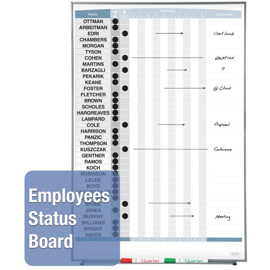 Quartet Matrix 36-employee In/Out Board - 34" Height x 23" Width - White Natural Cork Surface - Magnetic, Durable - Silver Frame - 1 Each