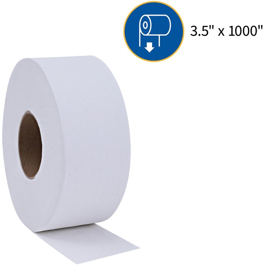 Genuine Joe Jumbo Dispenser Roll Bath Tissue - 2 Ply - 3.50" x 1000 ft - 9" Roll Diameter - 3.30" Core - White - 8 / Carton