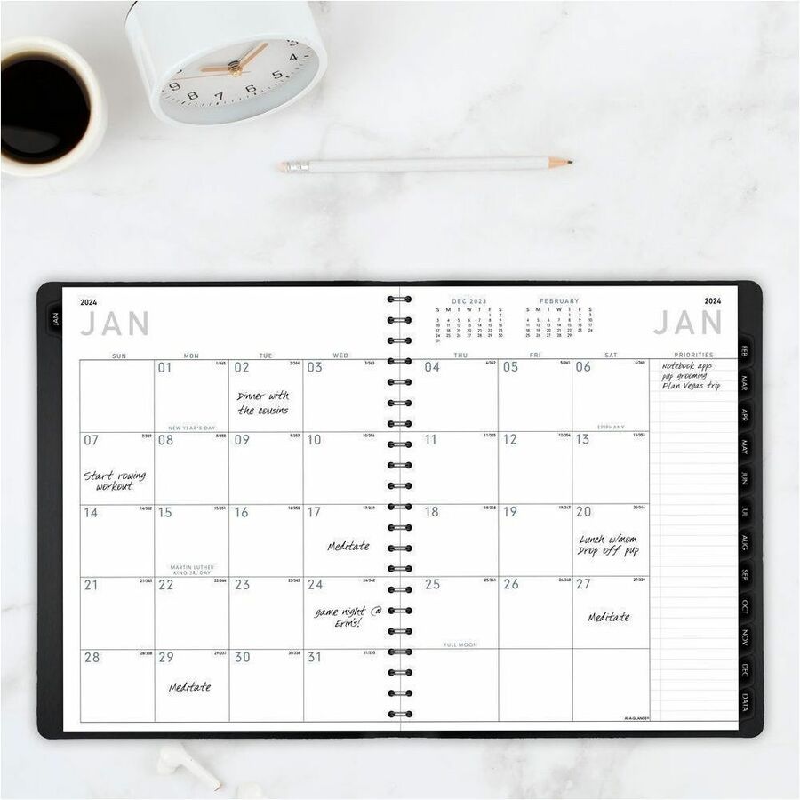 At-A-Glance Contemporary Planner - Large Size - Julian Dates - Weekly, Monthly - 1 Year - January 2024 - December 2024 - 8:00 AM to 5:30 PM - Half-hourly - 1 Week, 1 Month Double Page Layout - 8 1/4" x 11" White Sheet - Wire Bound - Simulated Leather, Fau