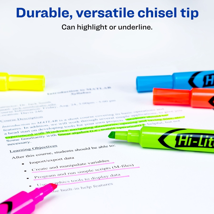 Avery® Hi-Liter Desk-Style Highlighters - Chisel Marker Point Style - Fluorescent Yellow, Fluorescent Blue, Fluorescent Green, Fluorescent Orange, Fluorescent Pink Water Based Ink - Plastic Tip - 12 / Box