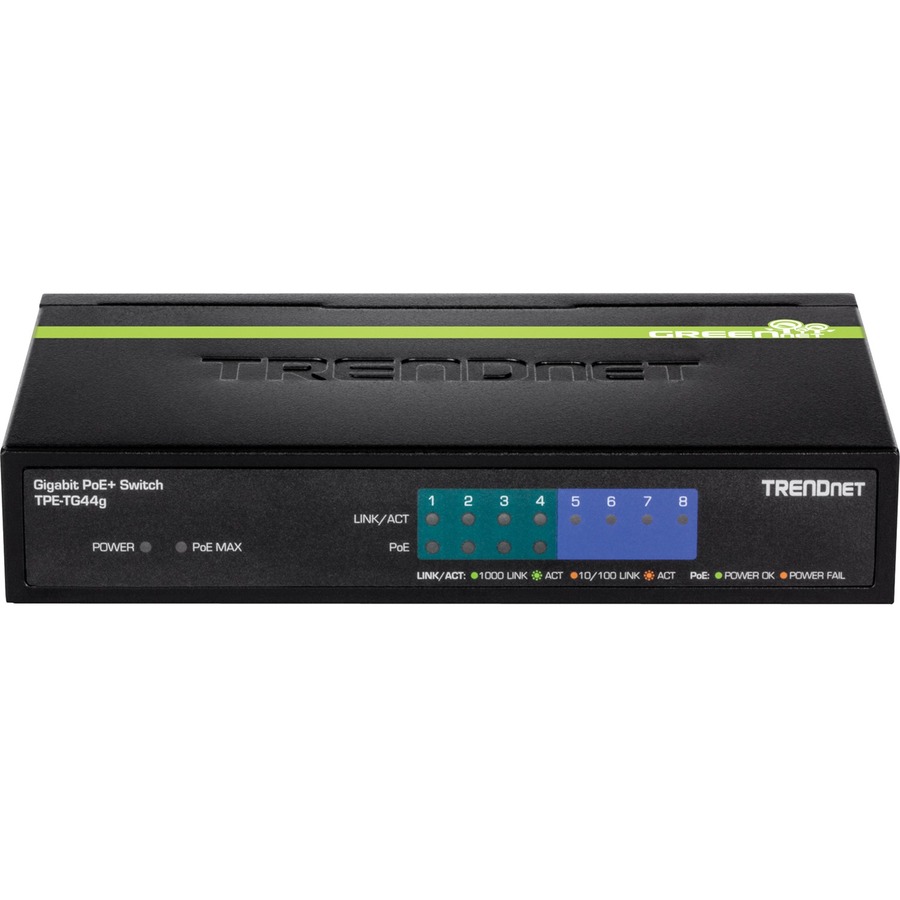 TRENDnet 8-Port Gigabit GREENnet PoE+ Switch, 4 x Gigabit PoE-PoE+ Ports, 4 x Gigabit Ports, 61W Power Budget, 16 Gbps Switch Capacity, Ethernet Unmanaged Switch, Lifetime Protection, Black, TPE-TG44G