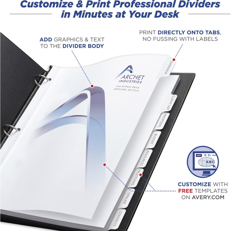 Avery® Customizable Print-On Dividers - 200 x Divider(s) - 8 Print-on Tab(s) - 8 - 8 Tab(s)/Set - 8.50" Divider Width x 11" Divider Length - 3 Hole Punched - White Paper Divider - White Paper Tab(s) - Copier/Laser/Inkjet Index Dividers - AVE11554