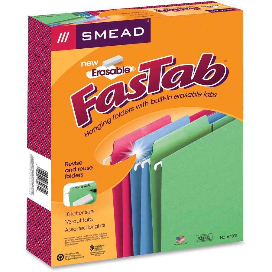 Smead FasTab 1/3 Tab Cut Letter Recycled Hanging Folder - 8 1/2" x 11" - Top Tab Location - Assorted Position Tab Position - Blue, Green, Red - 10% Paper Recycled - 18 / Box