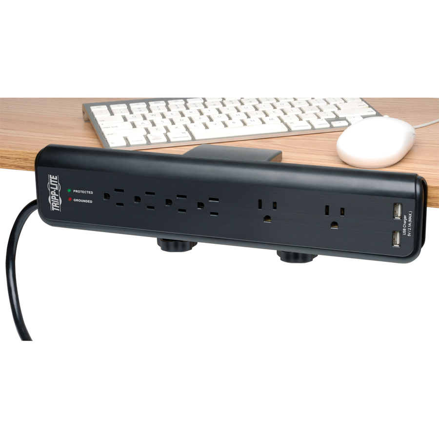 Tripp Lite by Eaton Protect It! 6-Outlet Clamp-Mount Surge Protector, 6 ft. (1.83 m) Cord, 2100 Joules, 2 x USB Charging ports (2.1A total)