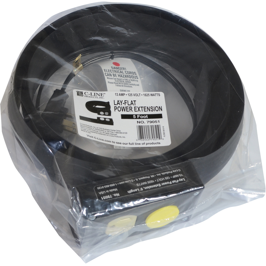 C-Line Lay-Flat Power Extension / Cord Cover - 16 Gauge - 125 V AC / 13 A - Black - 5 ft Cord Length - 1 - Extension Cords - CLI79051