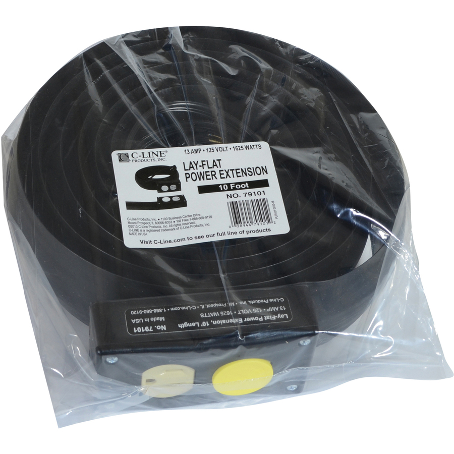 C-Line Lay-Flat Power Extension / Cord Cover - 16 Gauge - 125 V AC / 13 A - Black - 10 ft Cord Length - 1 - Extension Cords - CLI79101