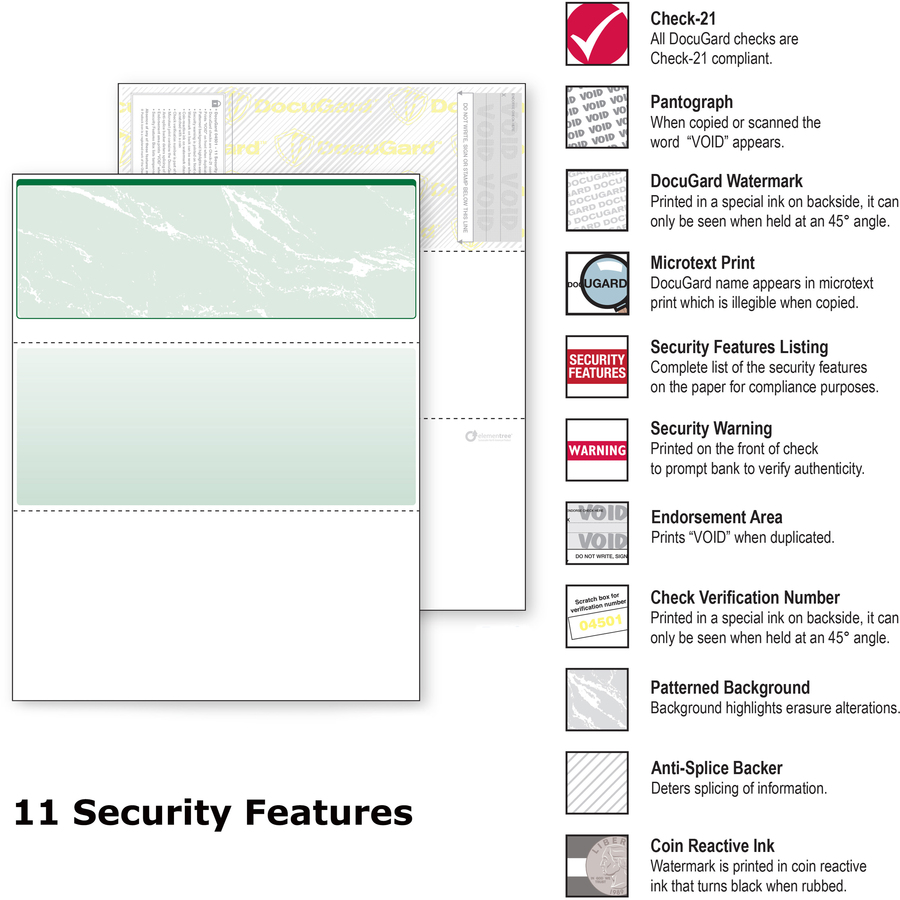 DocuGard High Security Green Marble Business Checks with 11 Features to Prevent Fraud - Letter - 8 1/2" x 11" - 24 lb Basis Weight - 500 / Ream - Erasure Protection, Watermarked - Marble Green