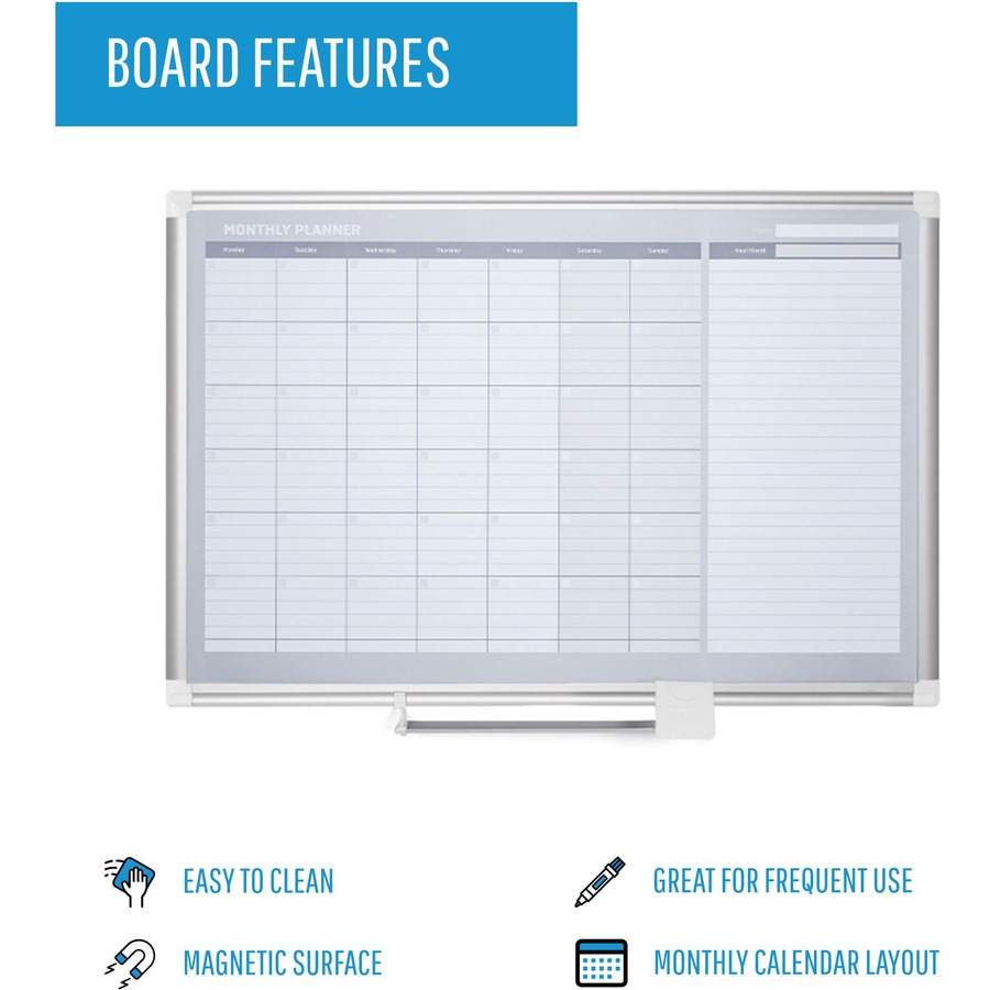 MasterVision 2' Magnetic Gold Monthly Planner - Monthly - 36" x 24" Sheet Size - White, Silver - Aluminum - Accessory Tray, Magnetic, Dry Erase Surface, Scratch Resistant, Ghost Resistant, Notes Area, Write on/Wipe off - 1 Each