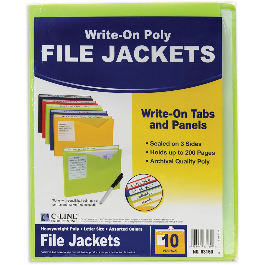 C-Line Write-On Poly File Jackets - Assorted Colors, 11 X 8-1/2, 10/PK, 63160