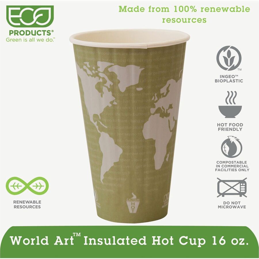 Eco-Products 16 oz World Art Insulated Hot Beverage Cups - 600 / Carton - Tan - Hot Drink