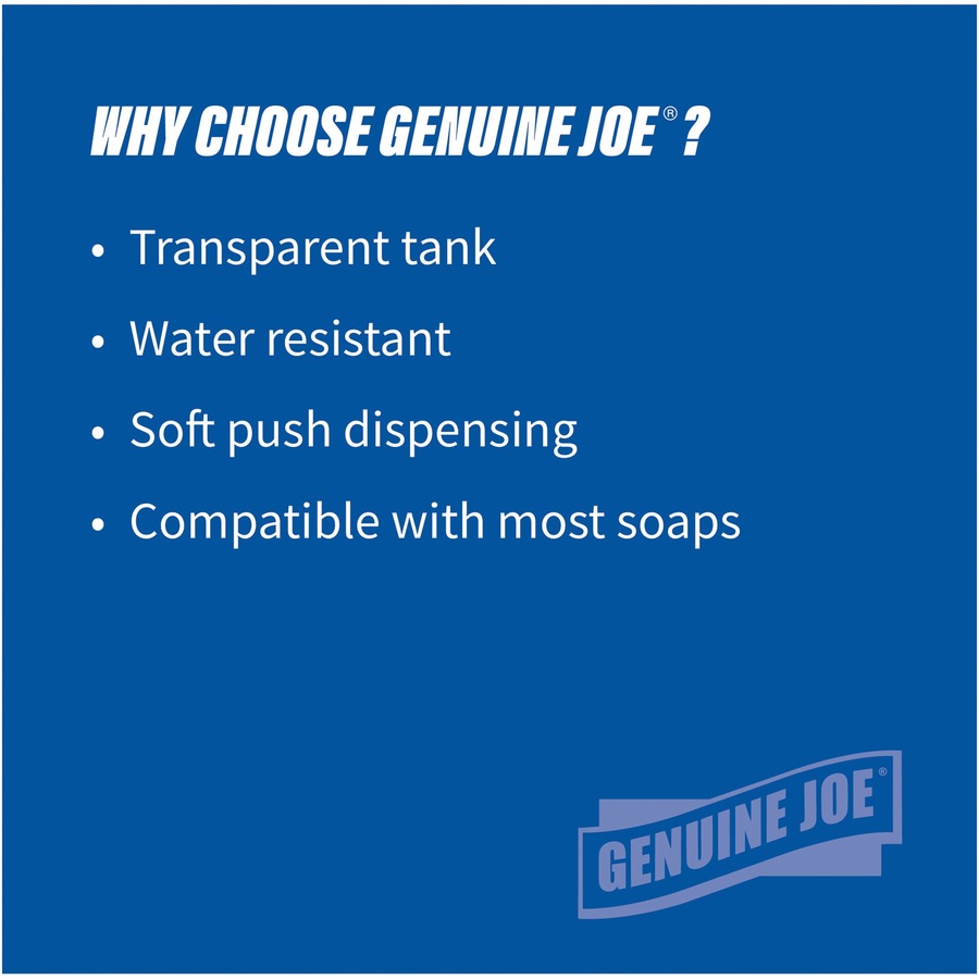 Genuine Joe 30 oz Soap Dispenser - Manual - 30 fl oz Capacity - See-through Tank, Water Resistant, Soft Push - 1Each