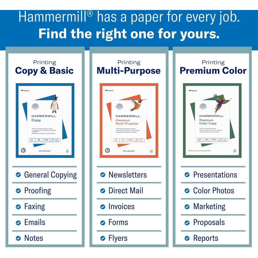 Hammermill Fore Multipurpose Copy Paper - White - 96 Brightness - Ledger/Tabloid - 11" x 17" - 24 lb Basis Weight - Smooth - 500 / Pack - Jam-free, Acid-free, ColorLok Technology - White = HAM102848