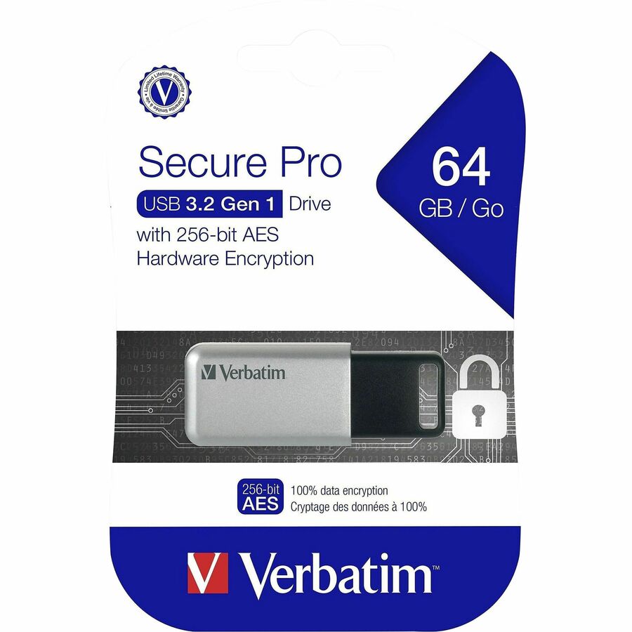 Verbatim 64GB Store'n' Go Secure Pro USB 3.0 Flash Drive with AES 256 Hardware Encryption - Silver - 64 GB - USB 3.0 - Silver - 256-bit AES - Lifetime Warranty - 1 Each - TAA Compliant = VER98666