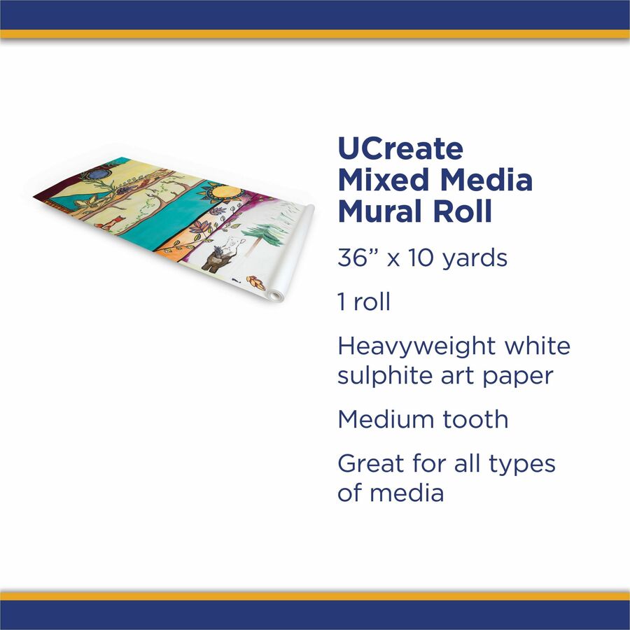 UCreate Mixed Media Paper Roll - Art Project, Drawing, Banner, Mural - 1"Height x 36"Width x 30 ftLength - 1 / Roll - White