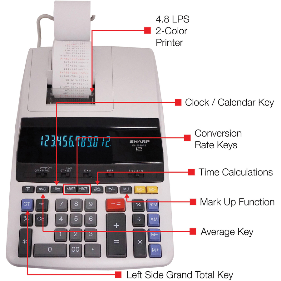 Sharp Calculators EL-2630PIII 12-Digit Commercial Printing Calculator - 4.8 - Independent Memory, Sign Change, Backspace Key, Double Zero, Fixed Decimal - AC Supply Powered - 3.1" x 9" x 13.2" - Off White - 1 Each - Printing Calculators - SHREL2630PIII