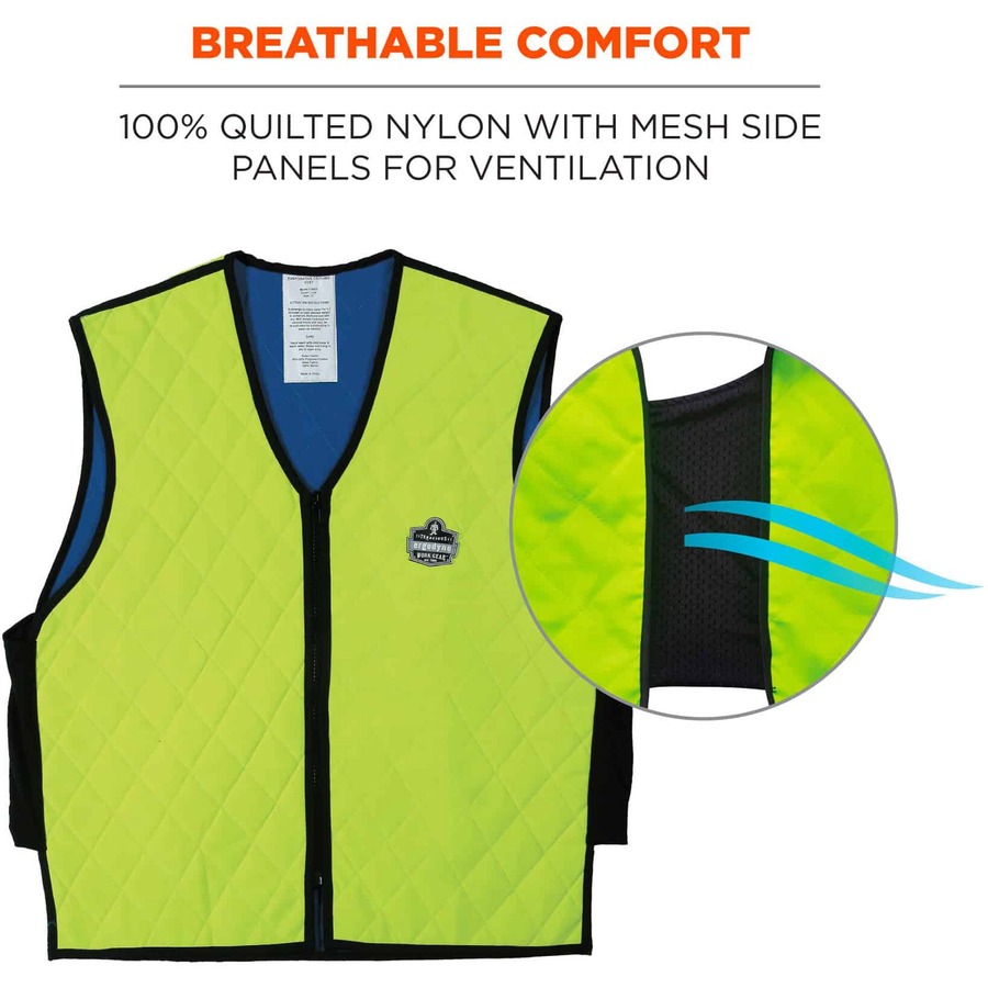 Ergodyne Chill-Its Evaporative Cooling Vest - Large Size - Polymer, Nylon - Lime - Comfortable, High Visibility, Ventilation, Stretchable, Water Repellent, Lightweight, Durable, Washable, Zipper Closure - 1 Each