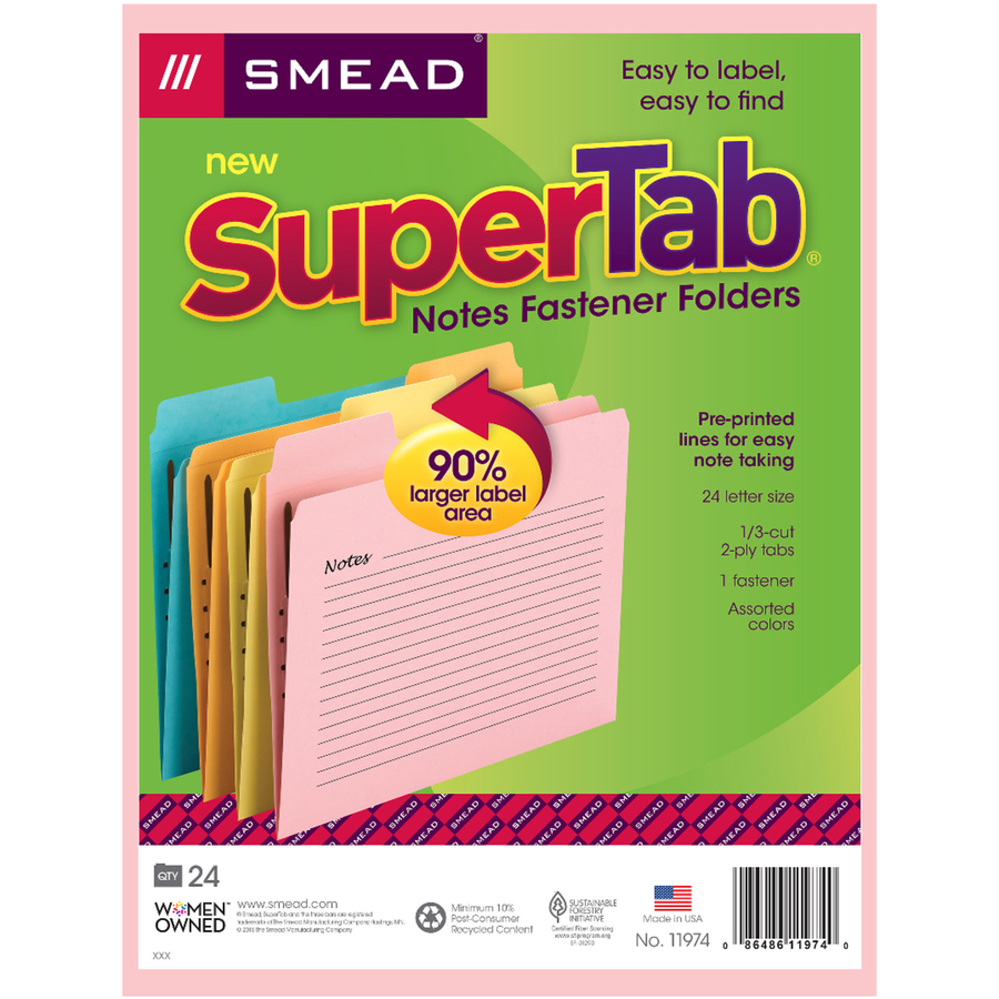 Smead SuperTab 1/3 Tab Cut Letter Recycled Top Tab File Folder - 8 1/2" x 11" - 1 x 2K Fastener(s) - Top Tab Location - Pink, Yellow, Goldenrod, Aqua - 10% Recycled - 24 / Pack
