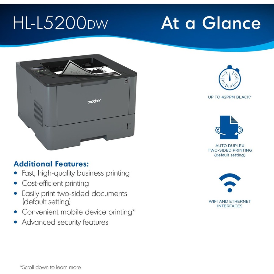 Brother Business Laser Printer HL-L5200DW - Monochrome - Duplex - Desktop Printer - 1200 x 1200 dpi - Up to 42 ppm - Wireless - USB 2.0