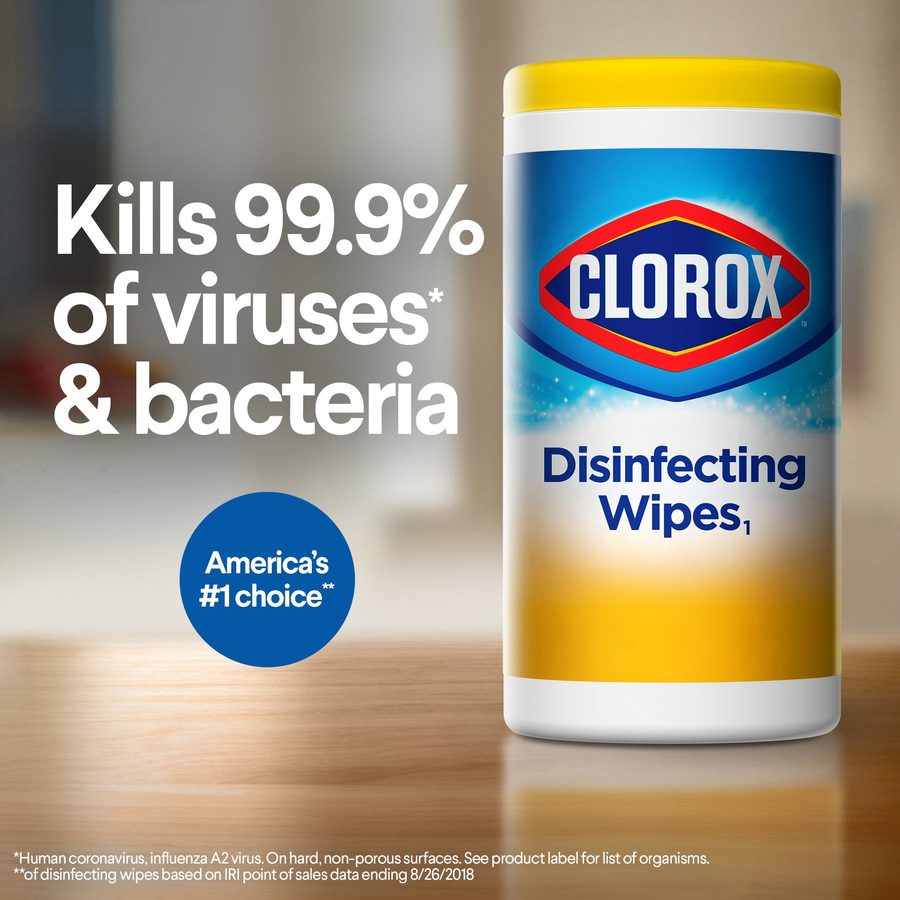 Clorox Disinfecting Wipes - Wipe - Lemon Scent - 7" (177.80 mm) Width x 7.50" (190.50 mm) Length - 75 / Tub - 1 Each - Cleaning Wipes - CLO01608